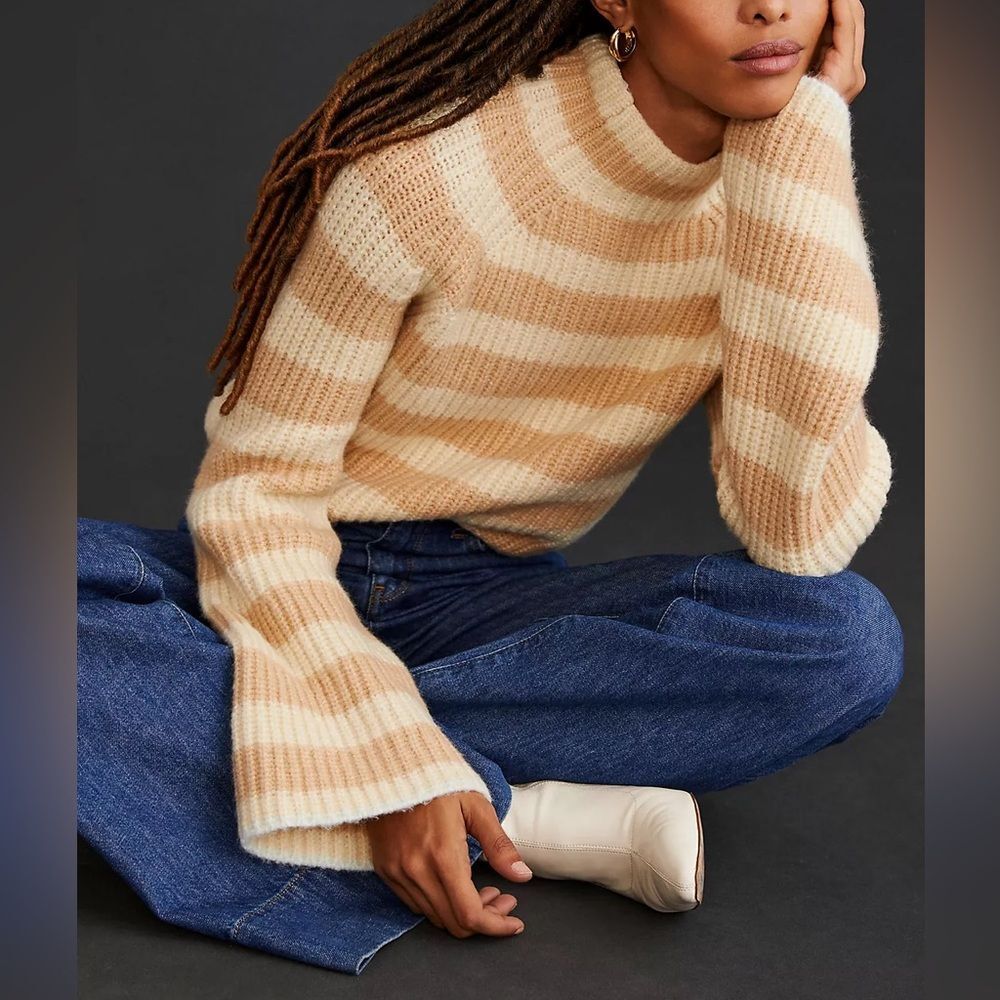 Maeve x Anthropologie Mock Neck Striped Sweater Bell Sleeve Size XS
